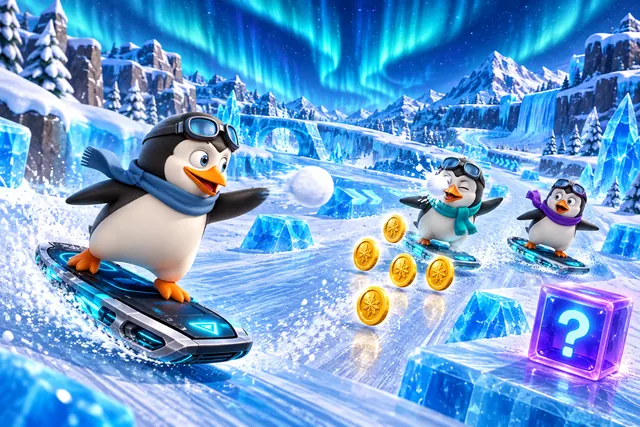 Ilustração do novo pinguim disputando moedas com bolas de neve