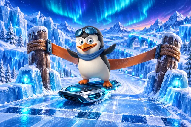 Pinguim pronto no estilingue para a próxima descida