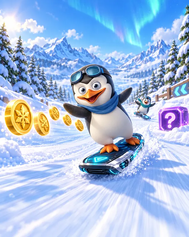 Pinguim praticando a coleta de moedas em uma pista aberta