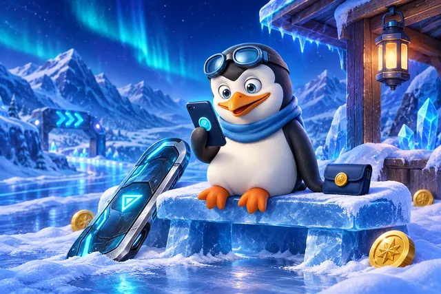 Pinguim consultando a carteira no celular em uma pausa na pista